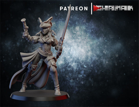 Shipwrecked Pirate Vampire Female w/ Sword and Pistol - Ghamak - 3D Printed 32 mm scale