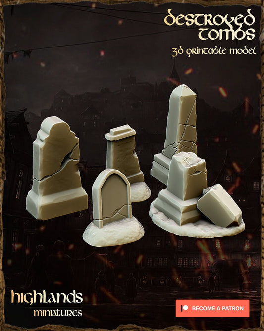 Broken Tomb Headstones - Highlands Miniatures - 3D Printed 32 mm Scale