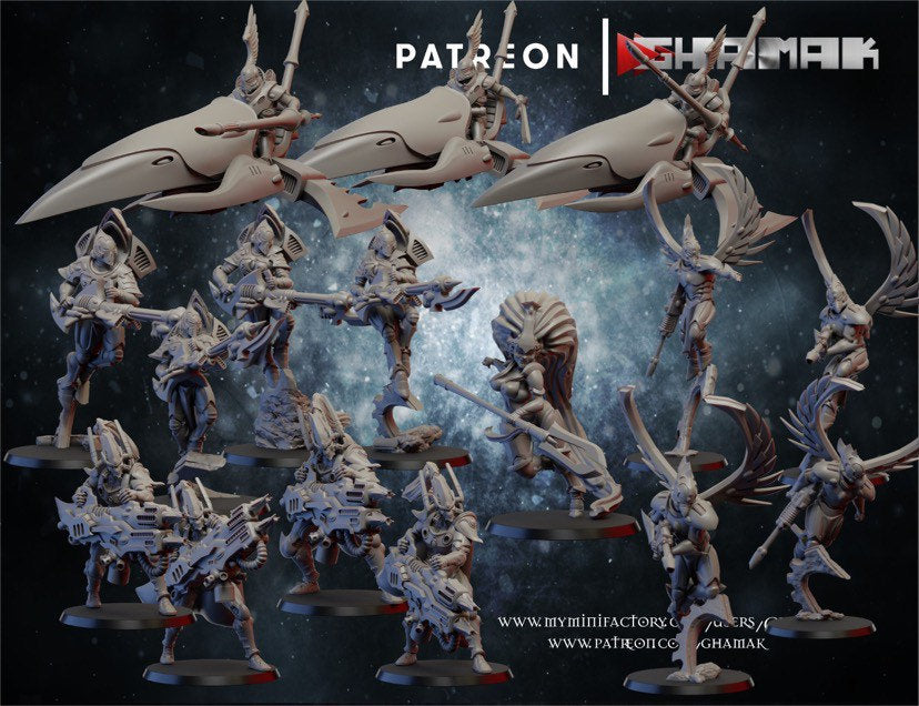 Space Elf Warriors Army - Ghamak - 3D Printed - 32 mm Scale (19 minis)