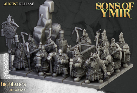 Dwarf Miners Unit (10+) - Sons of Ymir - Highlands Miniatures - 3D Printed 32 mm scale